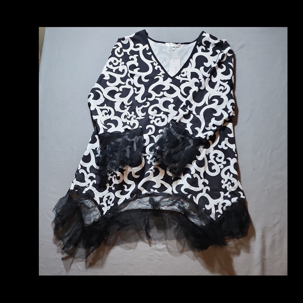 Rosegal Black White Abstract Chiffon Blouse 2X Plus V-Neck Long Sleeve Ruffle